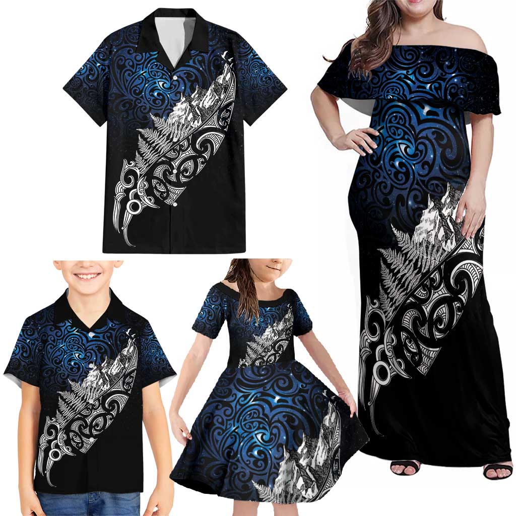 Maori Matariki Family Matching Off Shoulder Maxi Dress and Hawaiian Shirt Landscape Styled Fern - Galaxy LT7 - Polynesian Pride