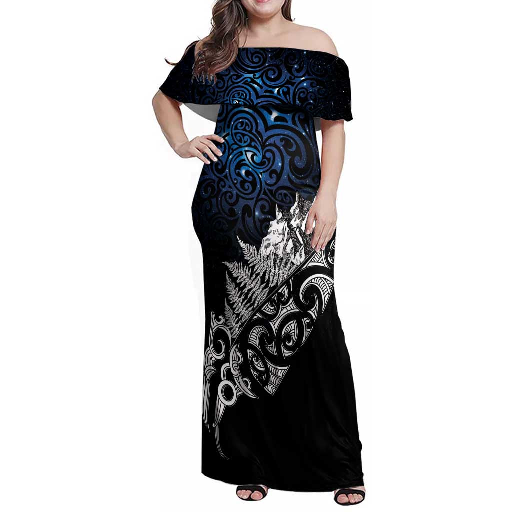 Maori Matariki Family Matching Off Shoulder Maxi Dress and Hawaiian Shirt Landscape Styled Fern - Galaxy LT7 Mom's Dress Black - Polynesian Pride
