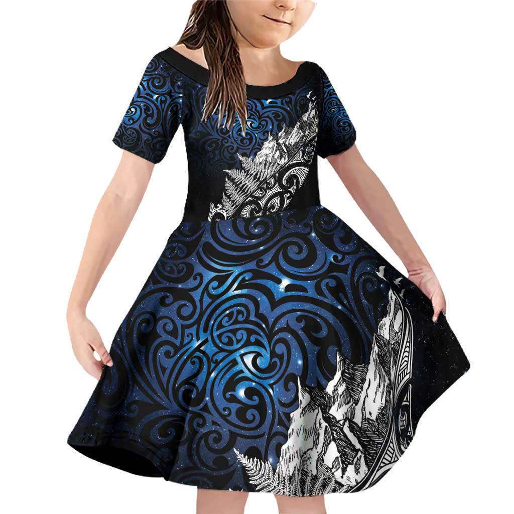 Maori Matariki Family Matching Off Shoulder Short Dress and Hawaiian Shirt Landscape Styled Fern - Galaxy LT7 Daughter's Dress Black - Polynesian Pride