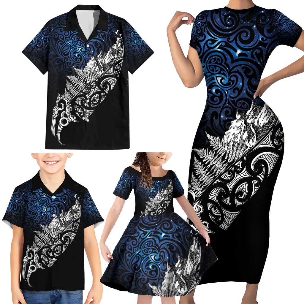Maori Matariki Family Matching Short Sleeve Bodycon Dress and Hawaiian Shirt Landscape Styled Fern - Galaxy LT7 - Polynesian Pride