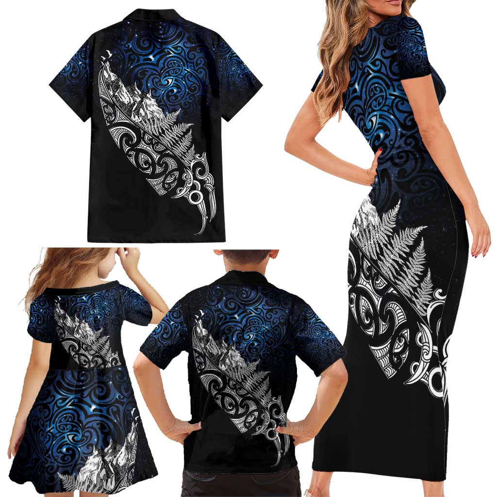 Maori Matariki Family Matching Short Sleeve Bodycon Dress and Hawaiian Shirt Landscape Styled Fern - Galaxy LT7 - Polynesian Pride