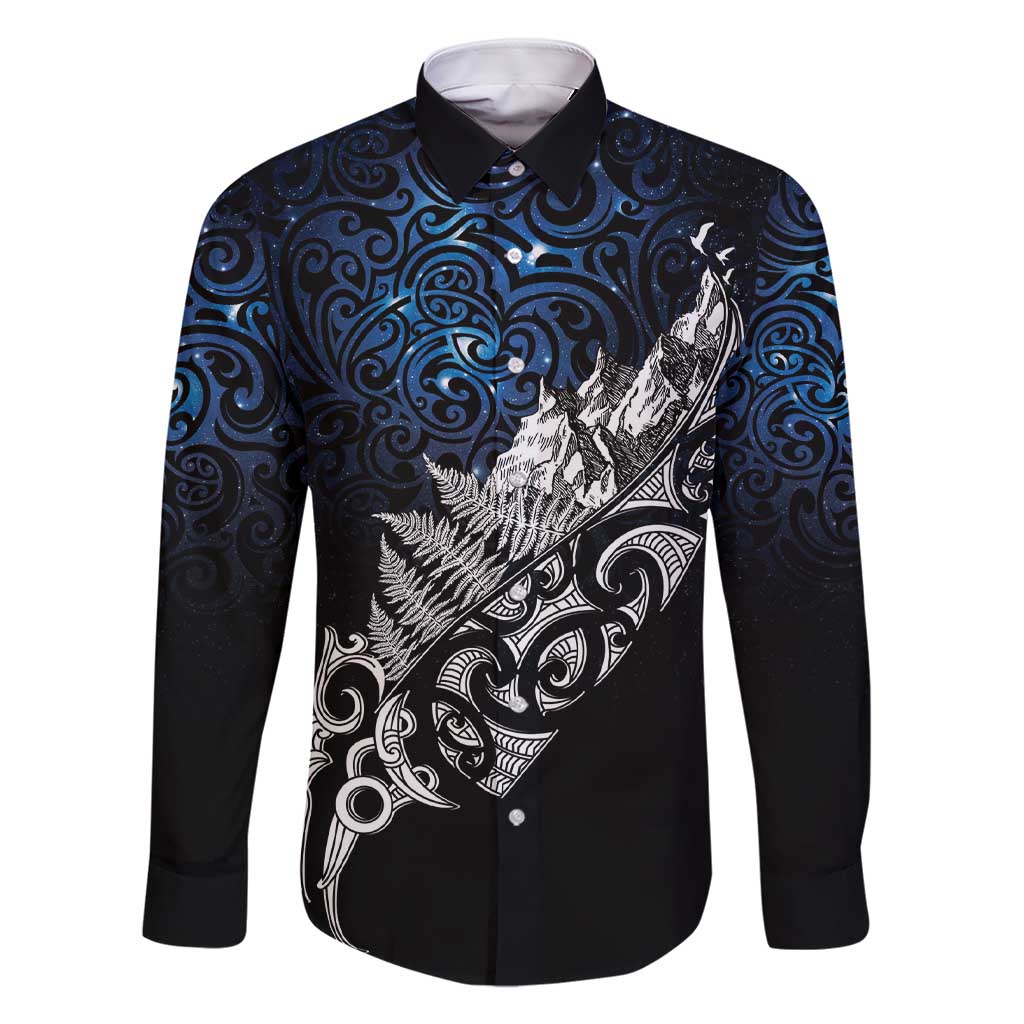 Maori Matariki Family Matching Short Sleeve Bodycon Dress and Hawaiian Shirt Landscape Styled Fern - Galaxy LT7 Dad's Shirt - Long Sleeve Black - Polynesian Pride