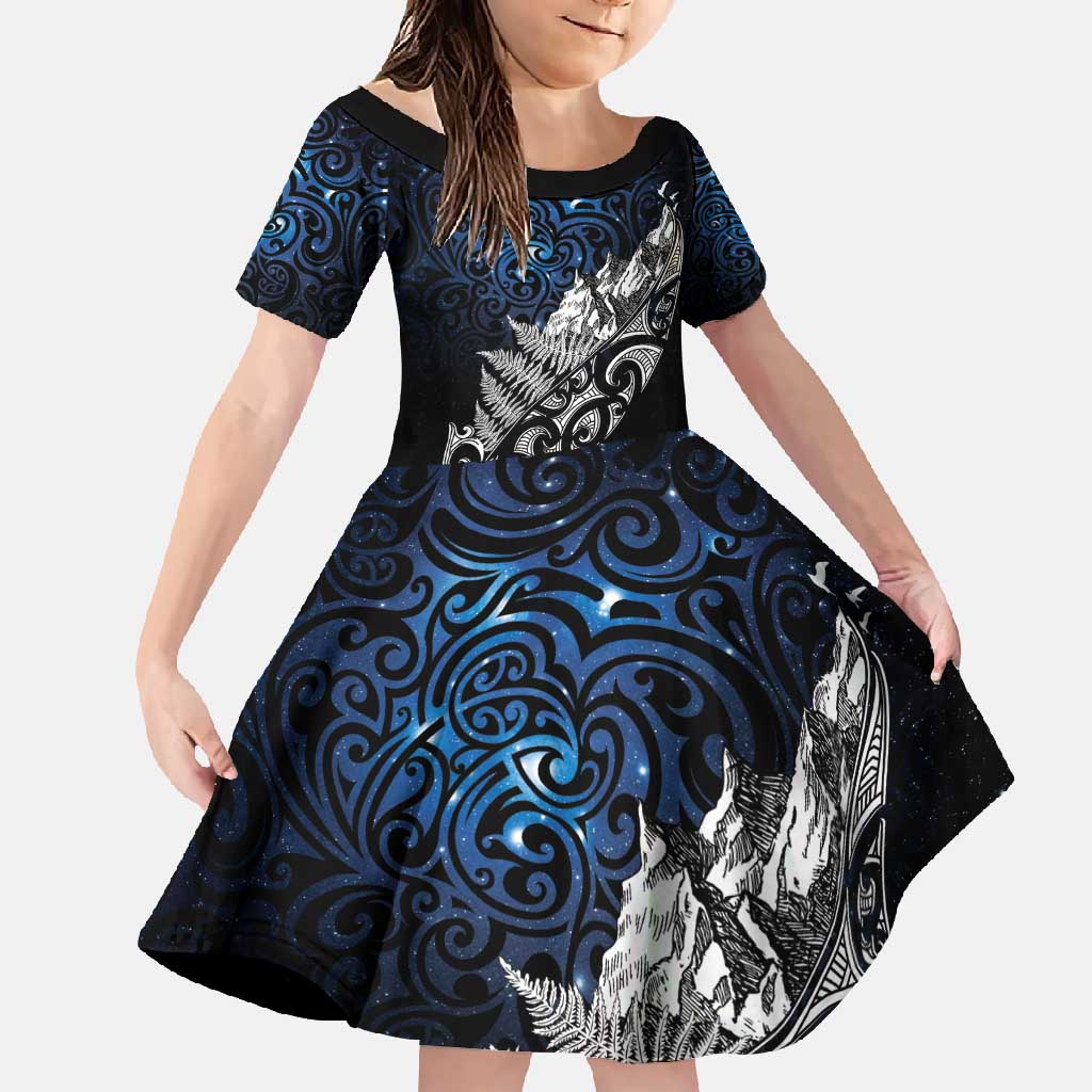 Maori Matariki Family Matching Summer Maxi Dress and Hawaiian Shirt Landscape Styled Fern - Galaxy LT7 Daughter's Dress Black - Polynesian Pride