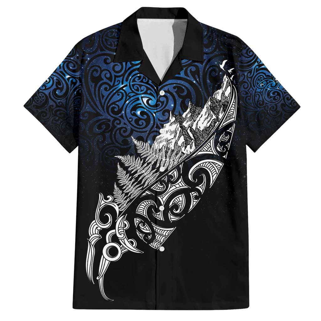Maori Matariki Family Matching Summer Maxi Dress and Hawaiian Shirt Landscape Styled Fern - Galaxy LT7 Dad's Shirt - Short Sleeve Black - Polynesian Pride
