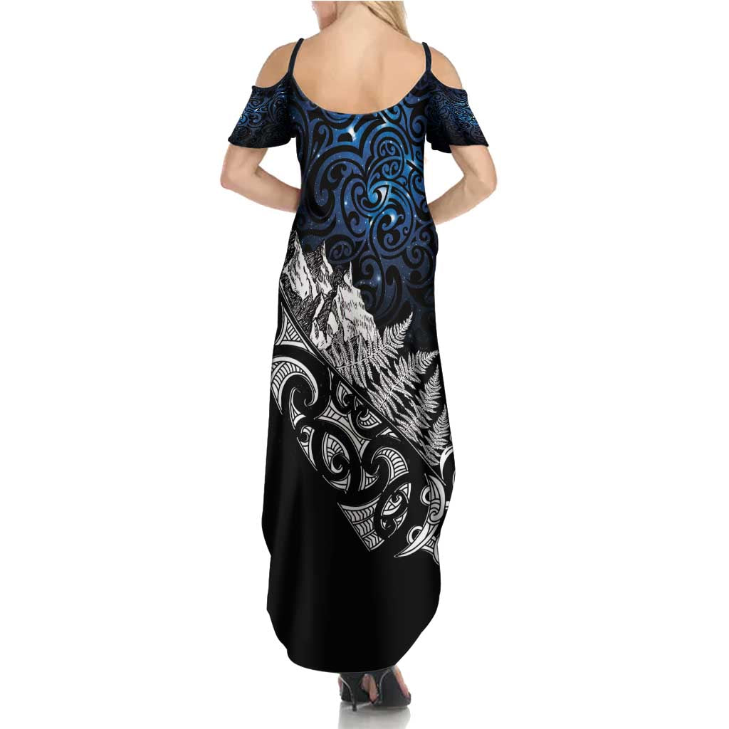 Maori Matariki Family Matching Summer Maxi Dress and Hawaiian Shirt Landscape Styled Fern - Galaxy LT7 - Polynesian Pride