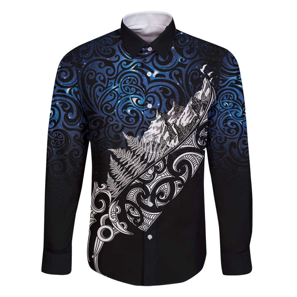 Maori Matariki Family Matching Tank Maxi Dress and Hawaiian Shirt Landscape Styled Fern - Galaxy LT7 Dad's Shirt - Long Sleeve Black - Polynesian Pride