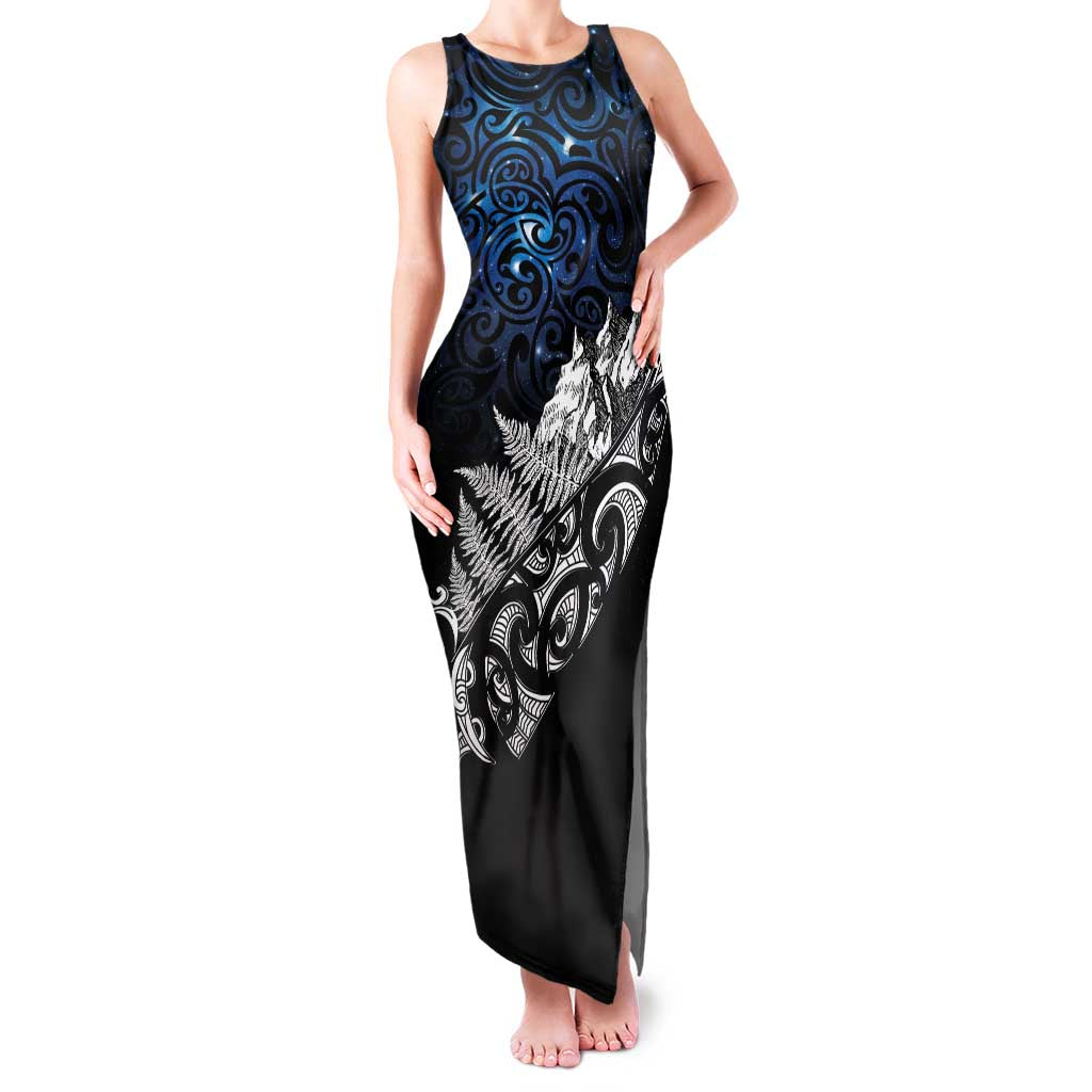 Maori Matariki Family Matching Tank Maxi Dress and Hawaiian Shirt Landscape Styled Fern - Galaxy LT7 Mom's Dress Black - Polynesian Pride