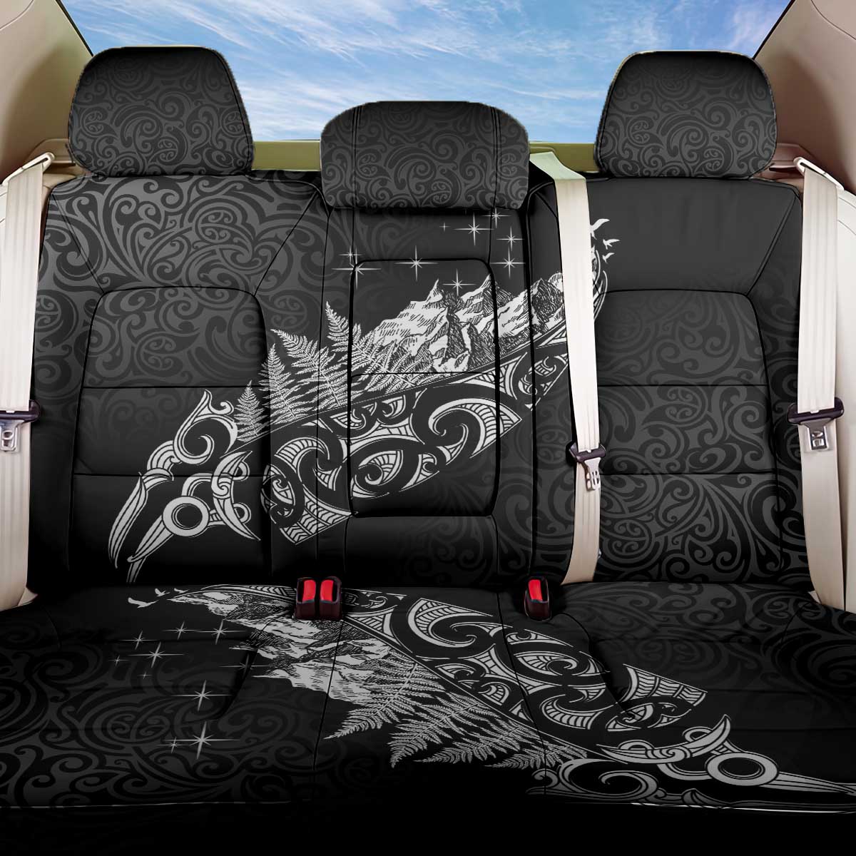 Maori Matariki Back Car Seat Cover Landscape Styled Fern - Monochrome LT7 One Size Black - Polynesian Pride