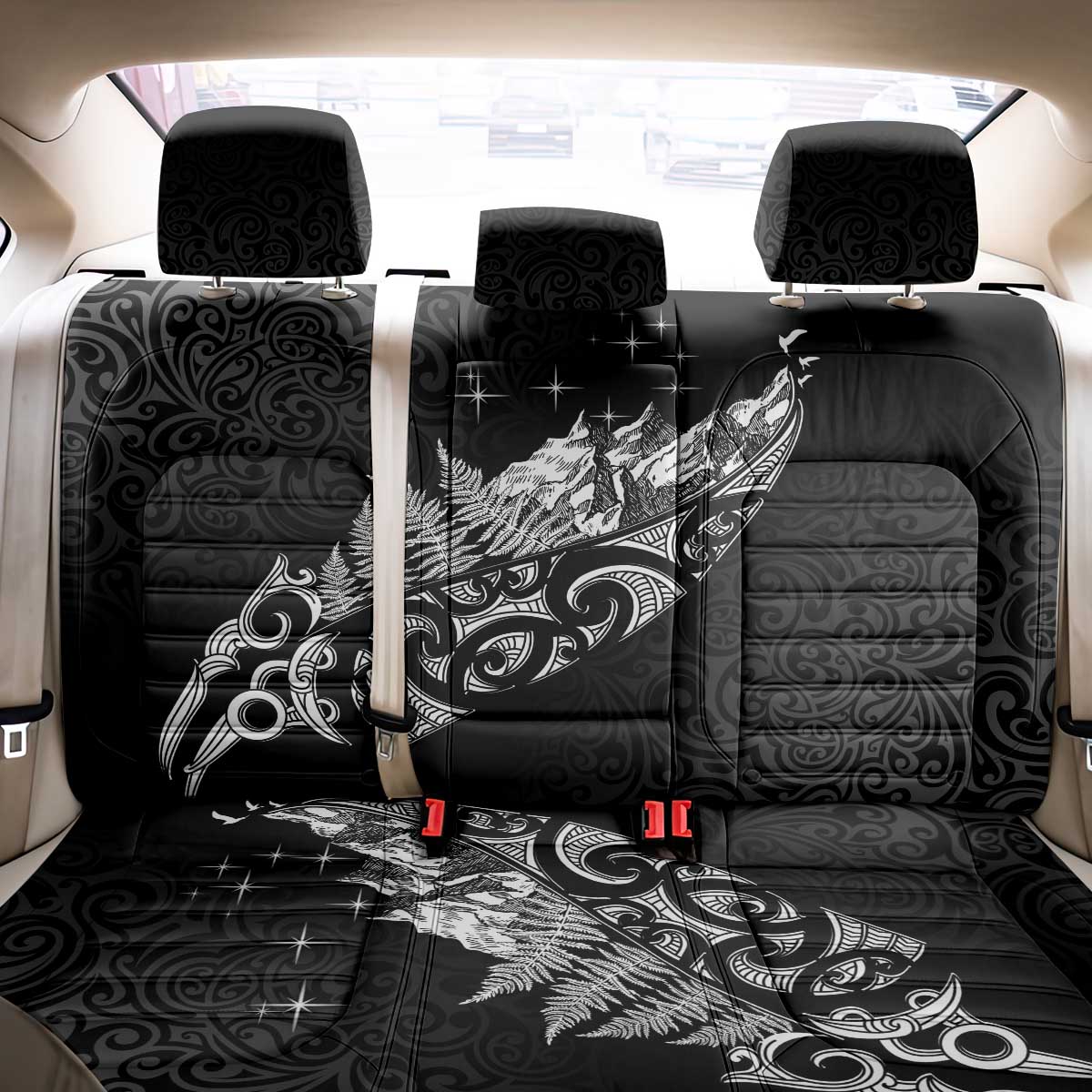 Maori Matariki Back Car Seat Cover Landscape Styled Fern - Monochrome LT7 - Polynesian Pride