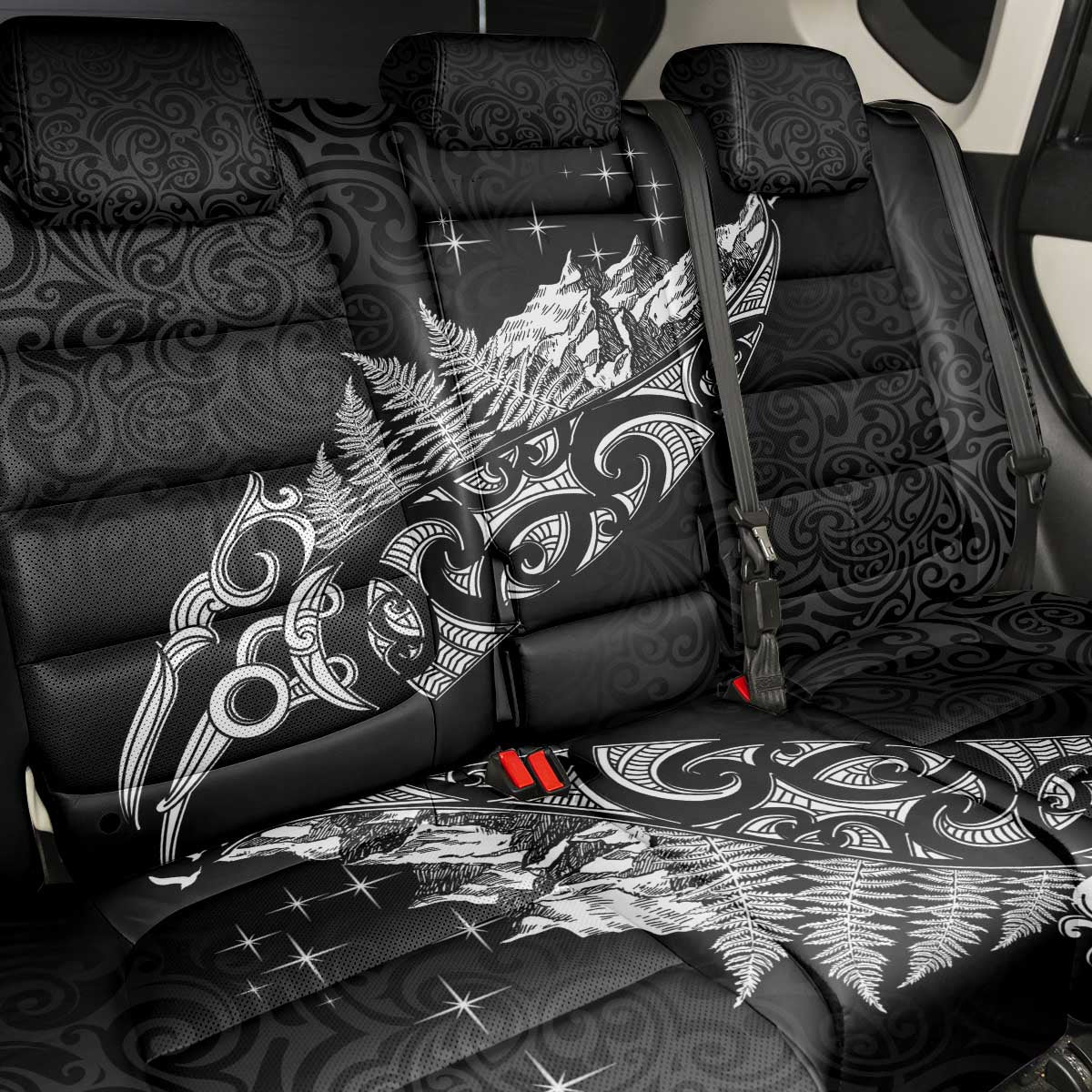 Maori Matariki Back Car Seat Cover Landscape Styled Fern - Monochrome LT7 - Polynesian Pride