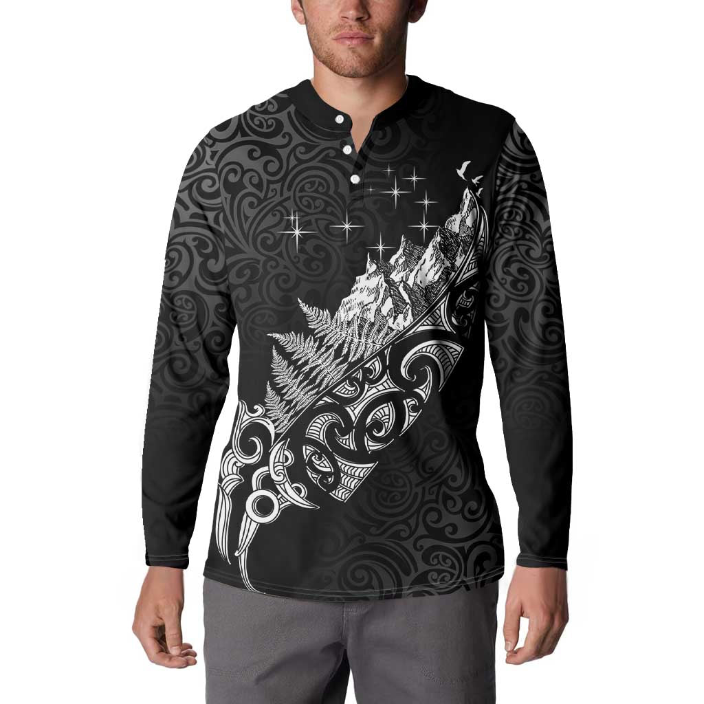 Maori Matariki Button Sweatshirt Landscape Styled Fern - Monochrome