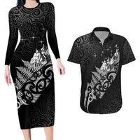 Maori Matariki Couples Matching Long Sleeve Bodycon Dress and Hawaiian Shirt Landscape Styled Fern - Monochrome LT7 Black - Polynesian Pride