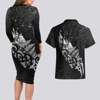 Maori Matariki Couples Matching Long Sleeve Bodycon Dress and Hawaiian Shirt Landscape Styled Fern - Monochrome LT7 - Polynesian Pride