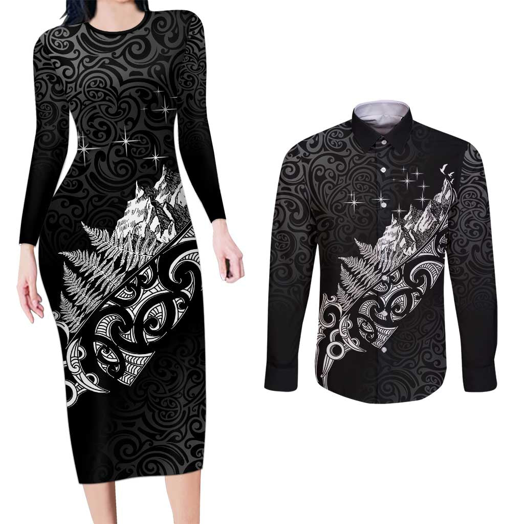 Maori Matariki Couples Matching Long Sleeve Bodycon Dress and Long Sleeve Button Shirt Landscape Styled Fern - Monochrome