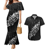 Maori Matariki Couples Matching Mermaid Dress and Hawaiian Shirt Landscape Styled Fern - Monochrome LT7 Black - Polynesian Pride