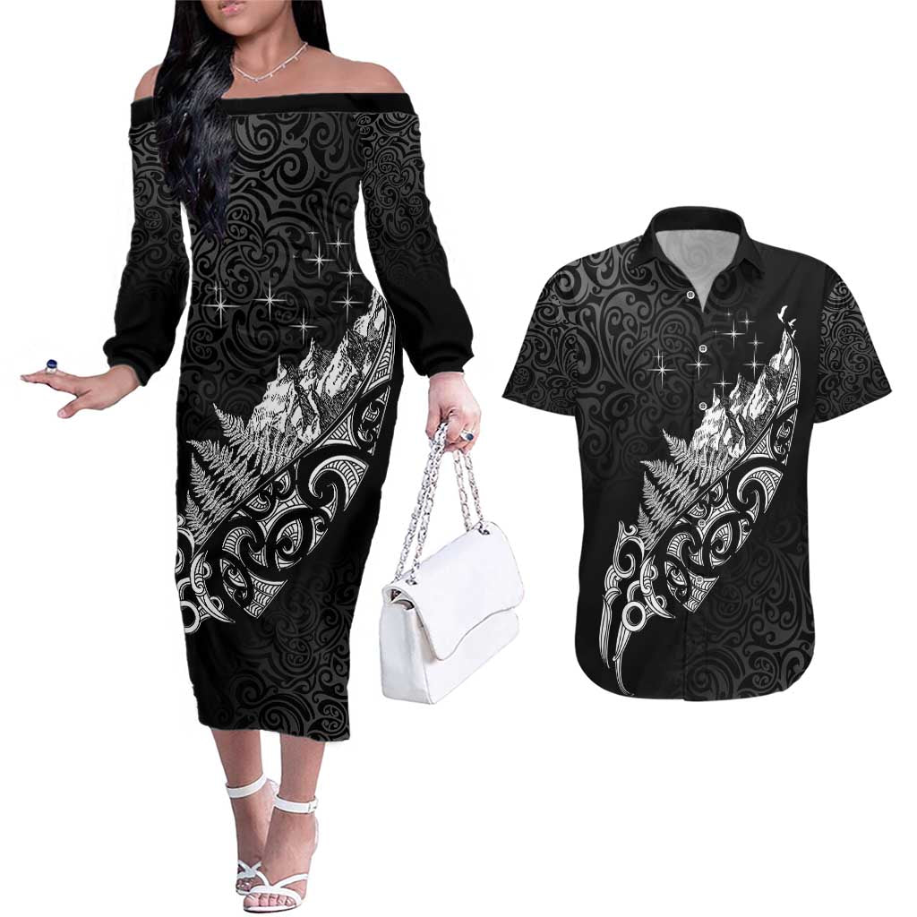 Maori Matariki Couples Matching Off The Shoulder Long Sleeve Dress and Hawaiian Shirt Landscape Styled Fern - Monochrome LT7 Black - Polynesian Pride