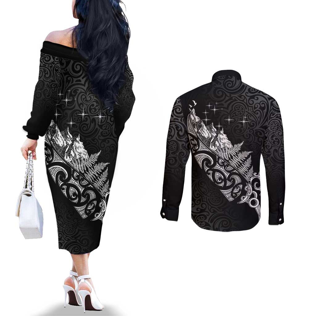 Maori Matariki Couples Matching Off The Shoulder Long Sleeve Dress and Long Sleeve Button Shirt Landscape Styled Fern - Monochrome