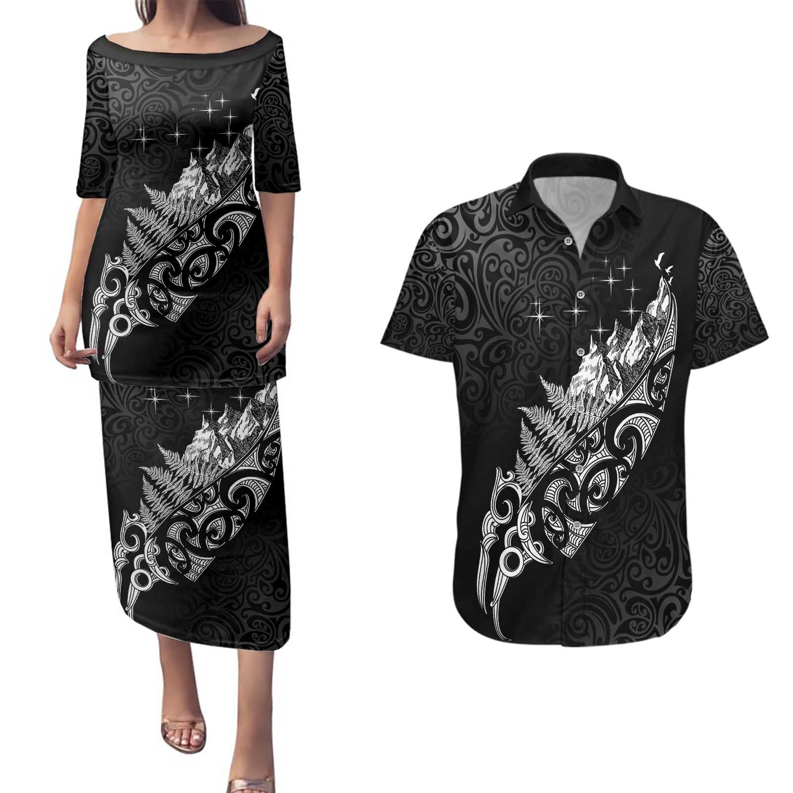 Maori Matariki Couples Matching Puletasi and Hawaiian Shirt Landscape Styled Fern - Monochrome