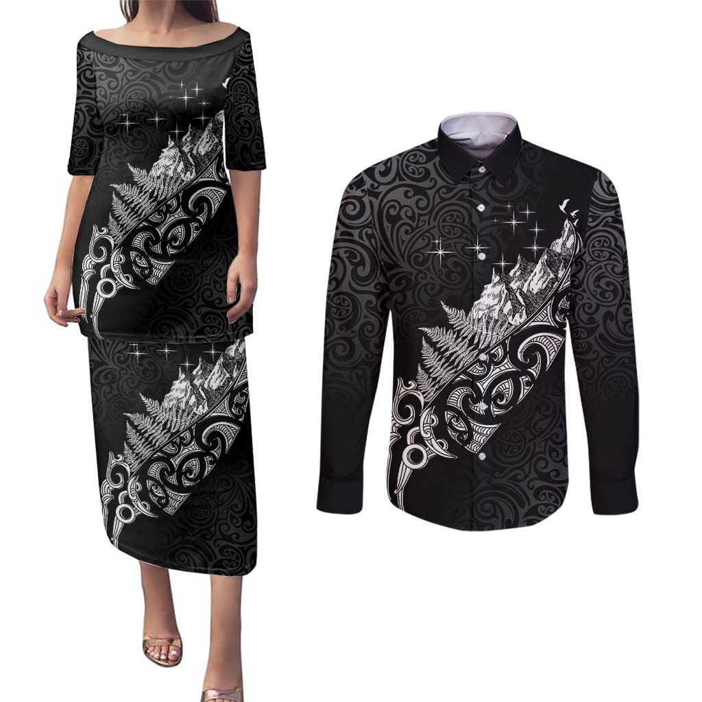 Maori Matariki Couples Matching Puletasi and Long Sleeve Button Shirt Landscape Styled Fern - Monochrome