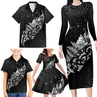 Maori Matariki Family Matching Long Sleeve Bodycon Dress and Hawaiian Shirt Landscape Styled Fern - Monochrome LT7 - Polynesian Pride