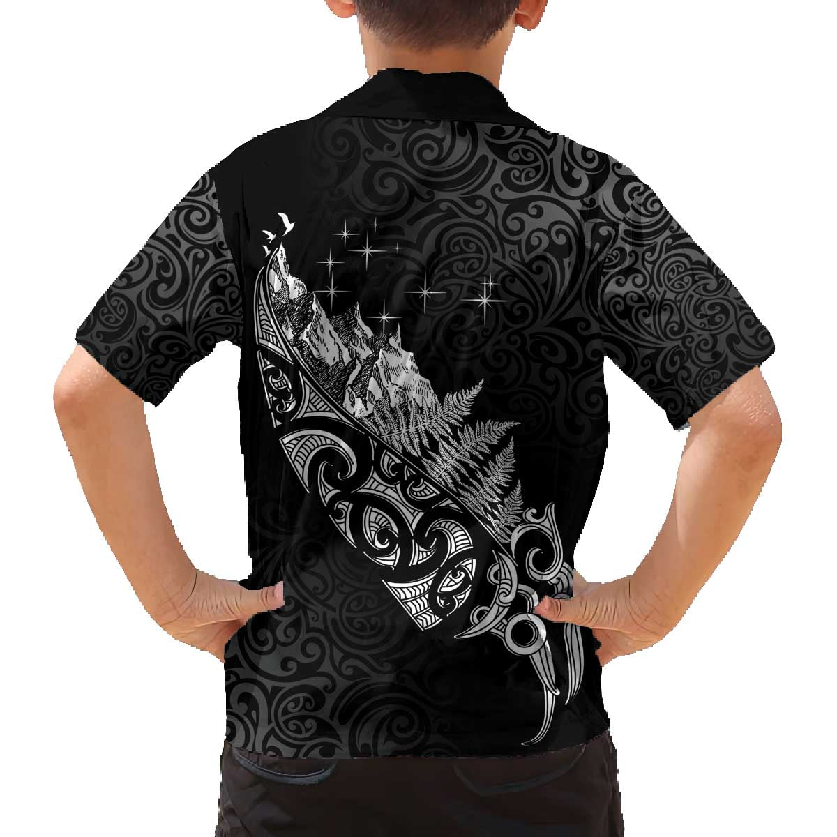 Maori Matariki Family Matching Off The Shoulder Long Sleeve Dress and Hawaiian Shirt Landscape Styled Fern - Monochrome LT7 - Polynesian Pride