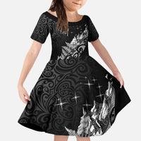 Maori Matariki Family Matching Off The Shoulder Long Sleeve Dress and Hawaiian Shirt Landscape Styled Fern - Monochrome LT7 Daughter's Dress Black - Polynesian Pride