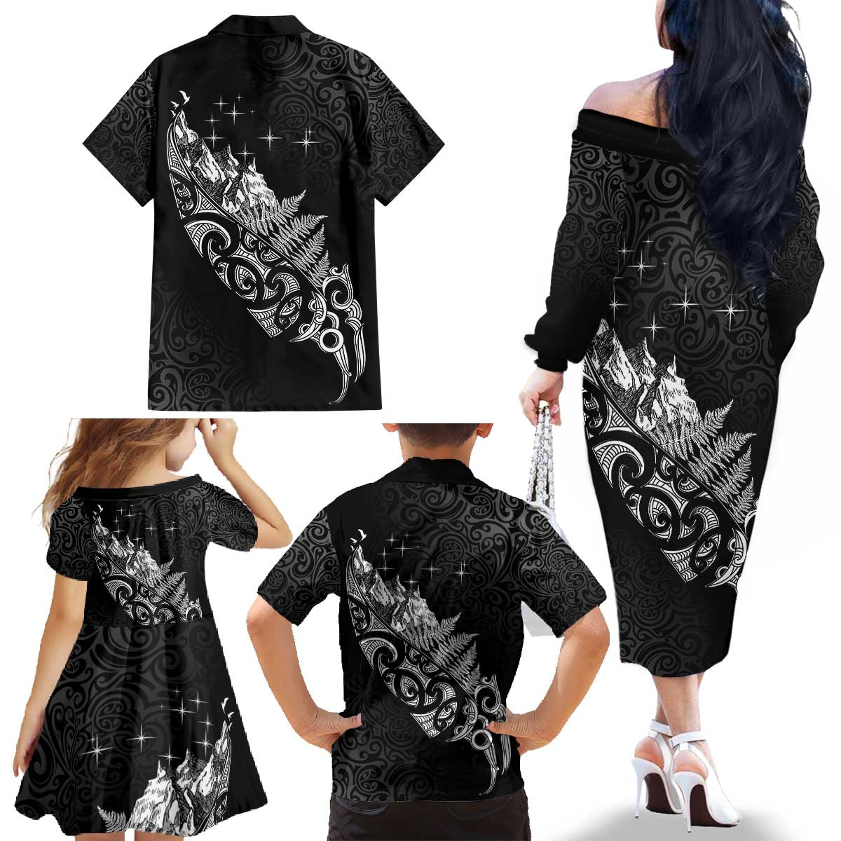 Maori Matariki Family Matching Off The Shoulder Long Sleeve Dress and Hawaiian Shirt Landscape Styled Fern - Monochrome LT7 - Polynesian Pride
