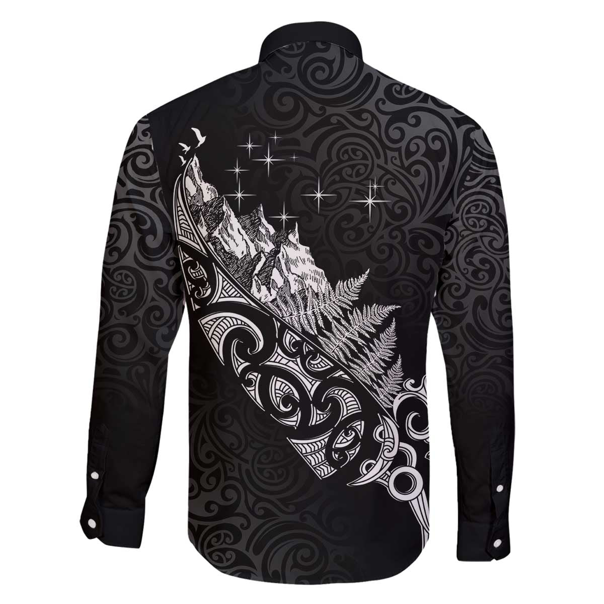 Maori Matariki Family Matching Off The Shoulder Long Sleeve Dress and Hawaiian Shirt Landscape Styled Fern - Monochrome LT7 - Polynesian Pride