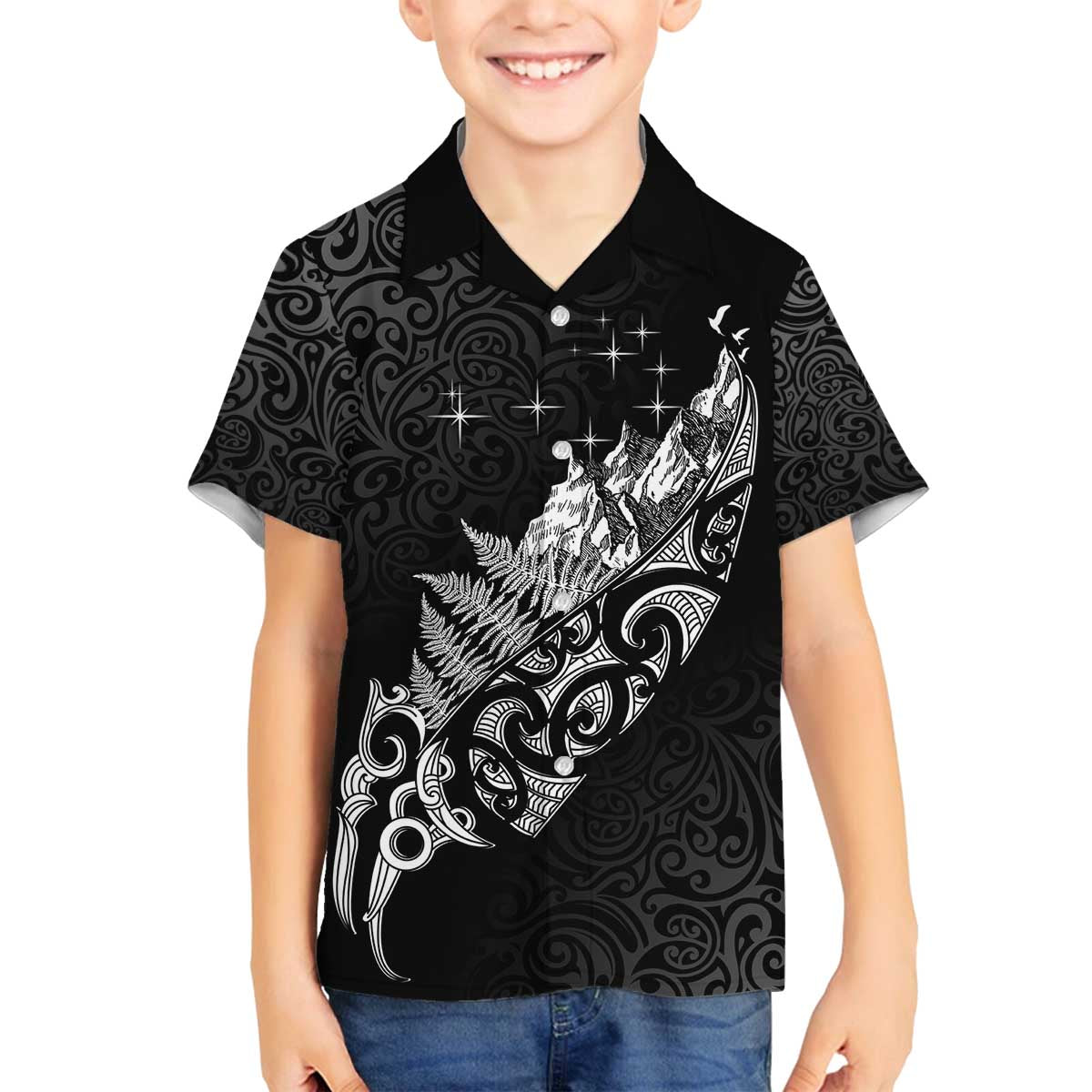 Maori Matariki Family Matching Off The Shoulder Long Sleeve Dress and Hawaiian Shirt Landscape Styled Fern - Monochrome LT7 Son's Shirt Black - Polynesian Pride