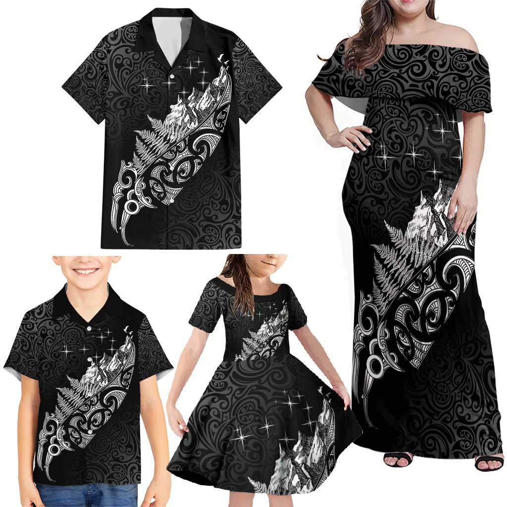 Maori Matariki Family Matching Off Shoulder Maxi Dress and Hawaiian Shirt Landscape Styled Fern - Monochrome LT7 - Polynesian Pride