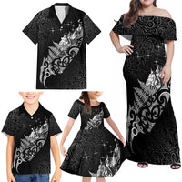 Maori Matariki Family Matching Off Shoulder Maxi Dress and Hawaiian Shirt Landscape Styled Fern - Monochrome LT7 - Polynesian Pride