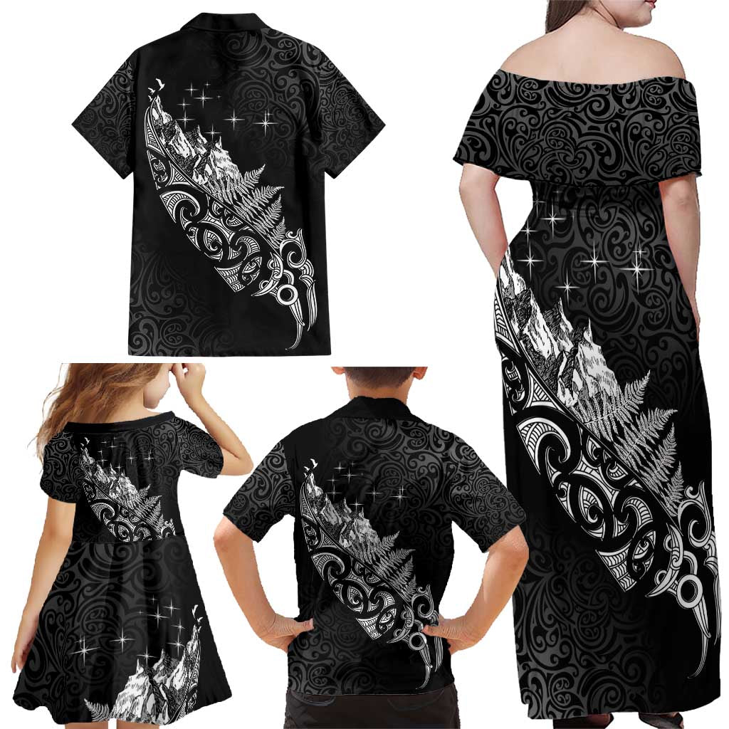 Maori Matariki Family Matching Off Shoulder Maxi Dress and Hawaiian Shirt Landscape Styled Fern - Monochrome LT7 - Polynesian Pride