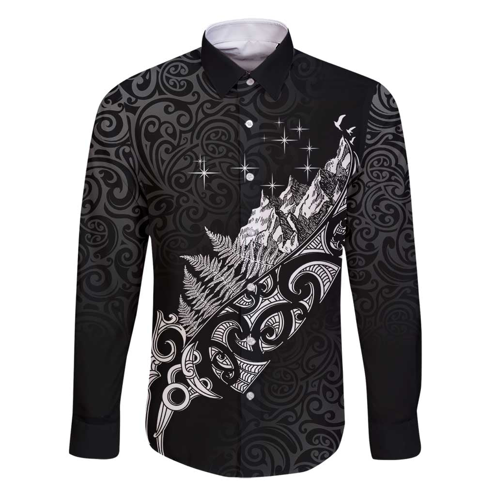 Maori Matariki Family Matching Off Shoulder Maxi Dress and Hawaiian Shirt Landscape Styled Fern - Monochrome LT7 Dad's Shirt - Long Sleeve Black - Polynesian Pride