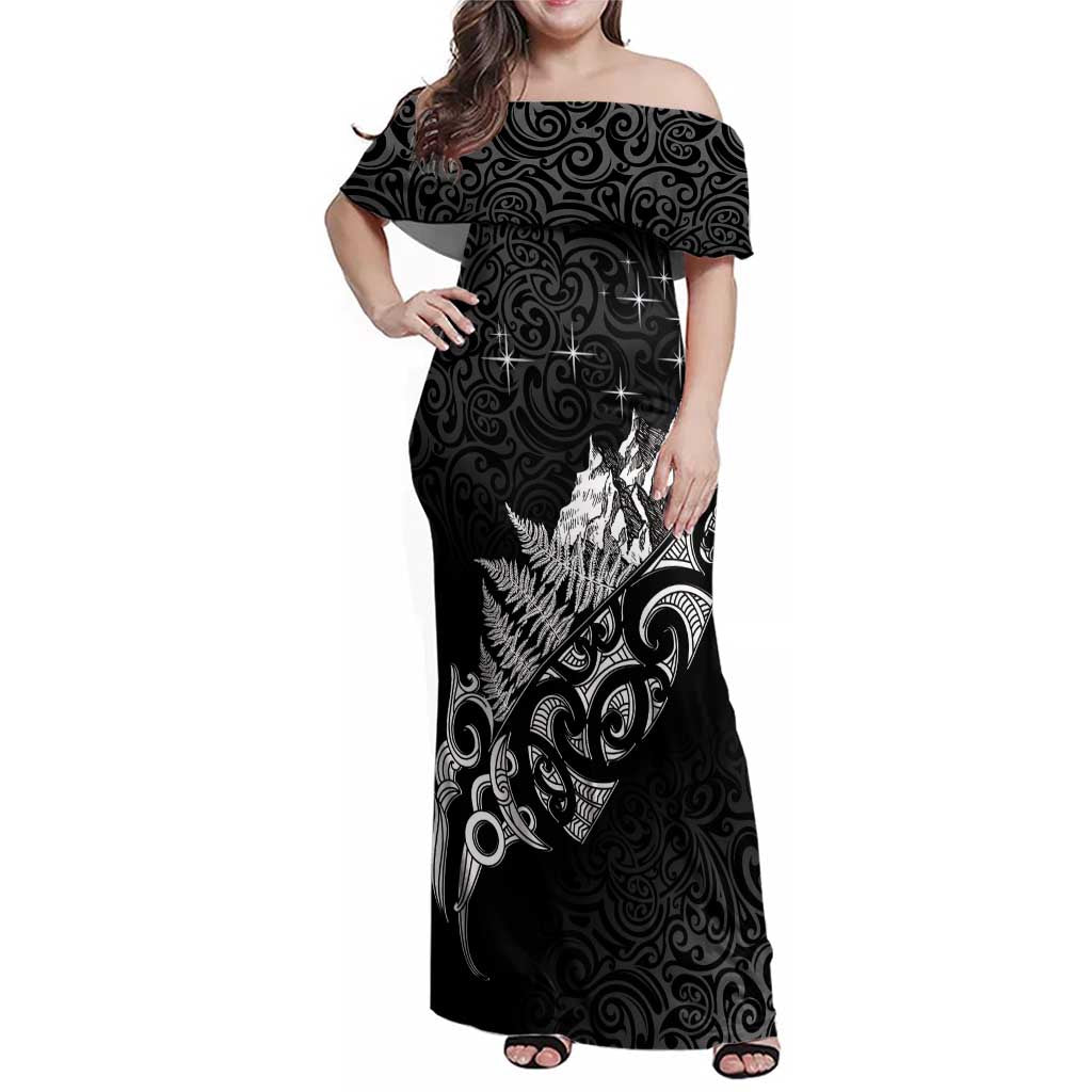 Maori Matariki Family Matching Off Shoulder Maxi Dress and Hawaiian Shirt Landscape Styled Fern - Monochrome LT7 Mom's Dress Black - Polynesian Pride