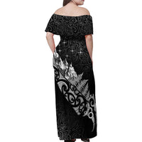 Maori Matariki Family Matching Off Shoulder Maxi Dress and Hawaiian Shirt Landscape Styled Fern - Monochrome LT7 - Polynesian Pride