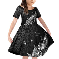 Maori Matariki Family Matching Off Shoulder Short Dress and Hawaiian Shirt Landscape Styled Fern - Monochrome LT7 Daughter's Dress Black - Polynesian Pride