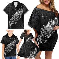 Maori Matariki Family Matching Off Shoulder Short Dress and Hawaiian Shirt Landscape Styled Fern - Monochrome LT7 - Polynesian Pride
