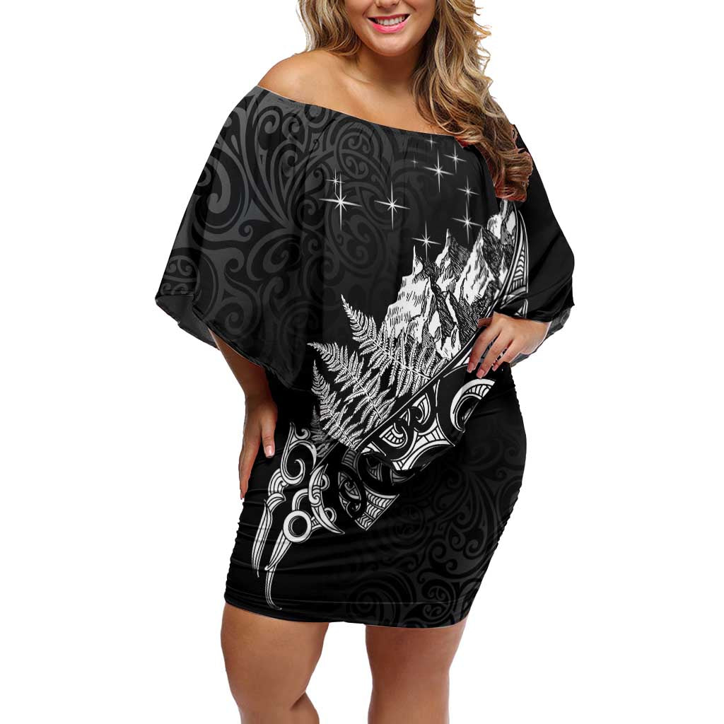 Maori Matariki Family Matching Off Shoulder Short Dress and Hawaiian Shirt Landscape Styled Fern - Monochrome LT7 Mom's Dress Black - Polynesian Pride