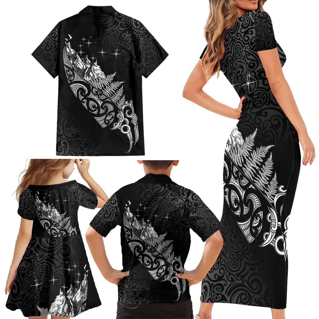 Maori Matariki Family Matching Short Sleeve Bodycon Dress and Hawaiian Shirt Landscape Styled Fern - Monochrome LT7 - Polynesian Pride