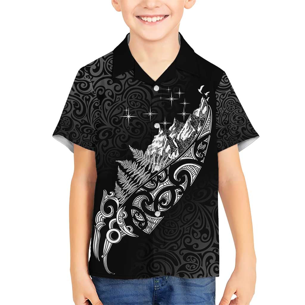 Maori Matariki Family Matching Short Sleeve Bodycon Dress and Hawaiian Shirt Landscape Styled Fern - Monochrome LT7 Son's Shirt Black - Polynesian Pride