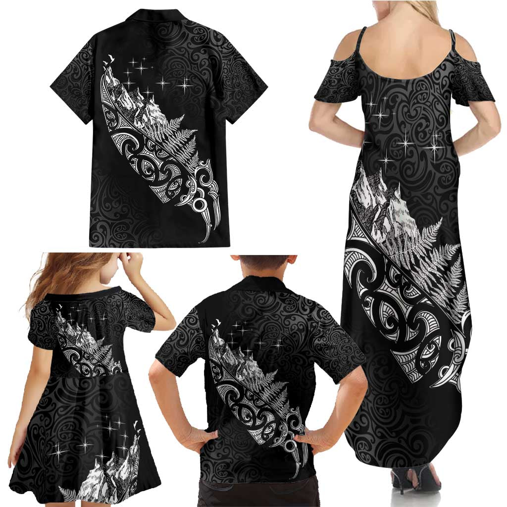 Maori Matariki Family Matching Summer Maxi Dress and Hawaiian Shirt Landscape Styled Fern - Monochrome LT7 - Polynesian Pride