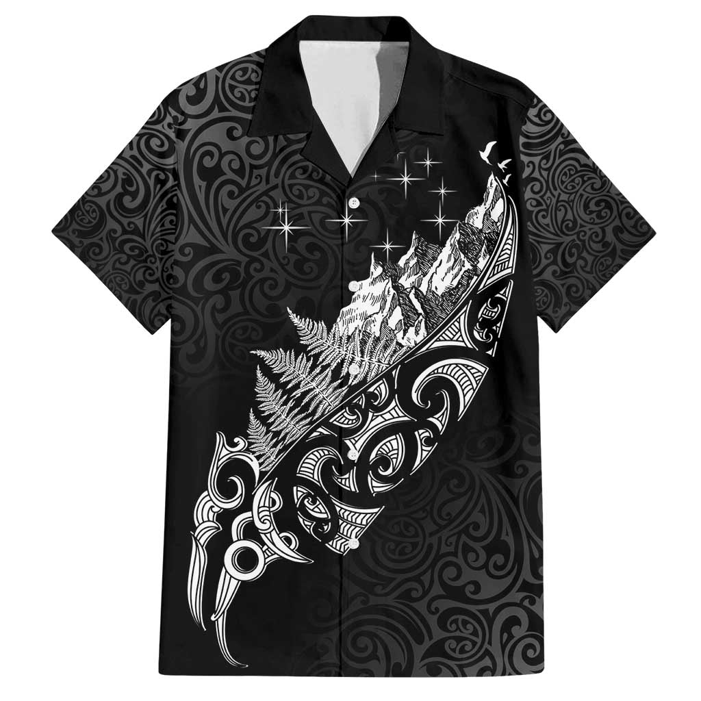 Maori Matariki Family Matching Summer Maxi Dress and Hawaiian Shirt Landscape Styled Fern - Monochrome LT7 Dad's Shirt - Short Sleeve Black - Polynesian Pride