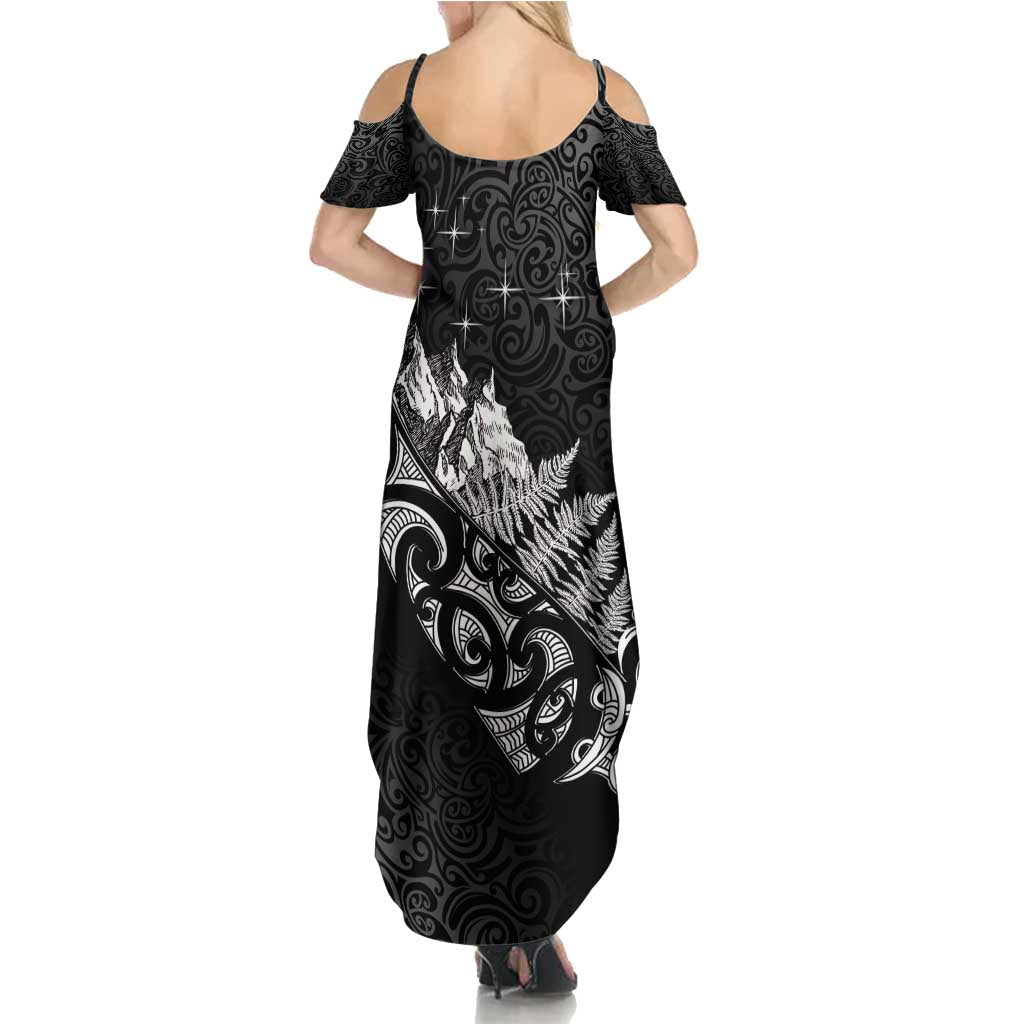 Maori Matariki Family Matching Summer Maxi Dress and Hawaiian Shirt Landscape Styled Fern - Monochrome LT7 - Polynesian Pride