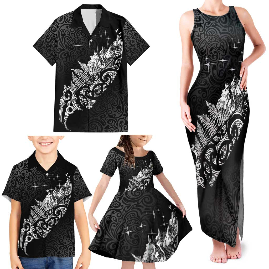 Maori Matariki Family Matching Tank Maxi Dress and Hawaiian Shirt Landscape Styled Fern - Monochrome LT7 - Polynesian Pride