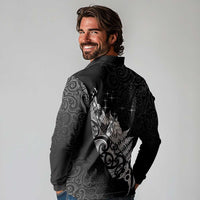 Maori Matariki Long Sleeve Polo Shirt Landscape Styled Fern - Monochrome