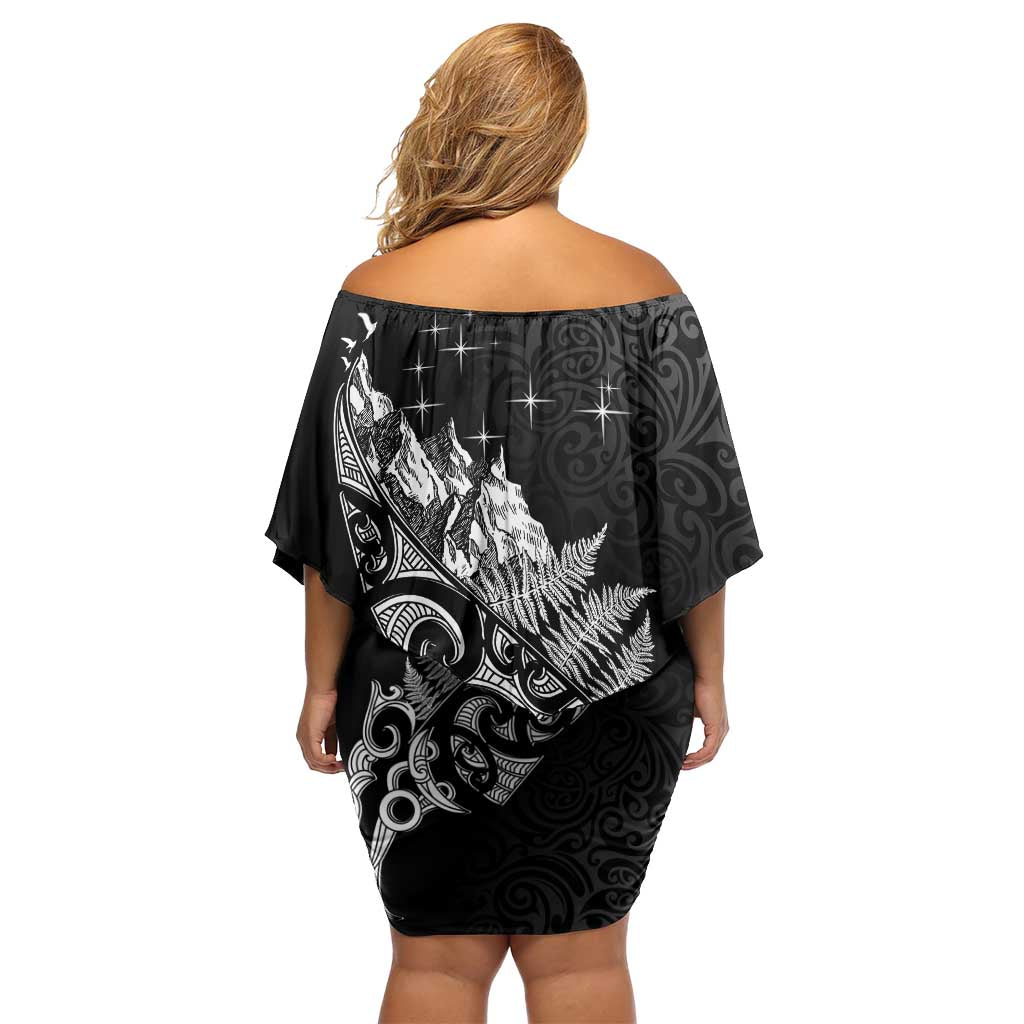 Maori Matariki Off Shoulder Short Dress Landscape Styled Fern - Monochrome