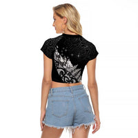 Maori Matariki Raglan Cropped T Shirt Landscape Styled Fern - Monochrome