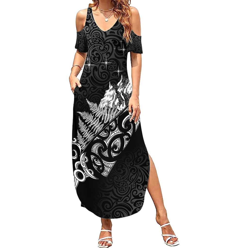 Maori Matariki Summer Maxi Dress Landscape Styled Fern - Monochrome LT7 Women Black - Polynesian Pride