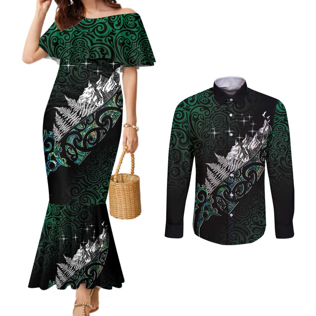 Maori Matariki Couples Matching Mermaid Dress and Long Sleeve Button Shirt Landscape Styled Fern - Paua Shell
