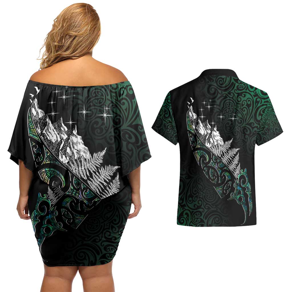 Maori Matariki Couples Matching Off Shoulder Short Dress and Hawaiian Shirt Landscape Styled Fern - Paua Shell